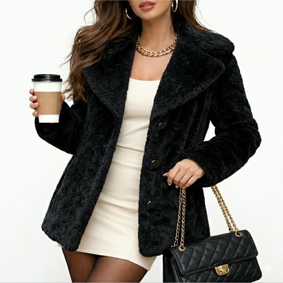 Jackets & Blazers - BRAETAN Faux Fur Winter Jacket Mob Wife Short Coat Pockets Jet Black Size M
